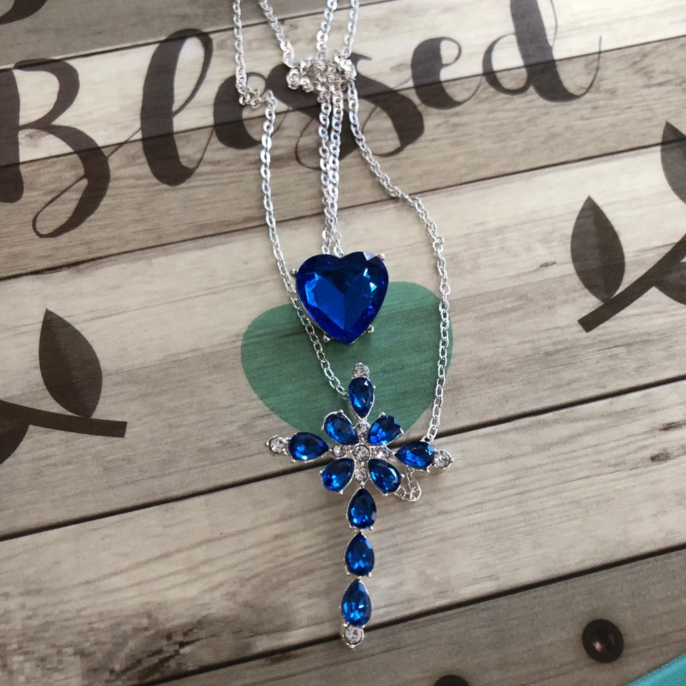 New✨ Blue Crystal Heart & Cross Necklace 💙✨ - Picture 3 of 5